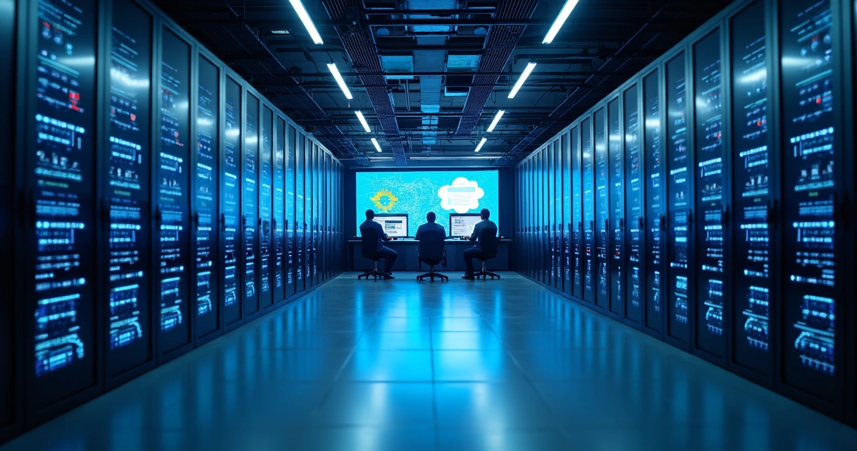 Data center moderno no Brasil com servidores iluminados em azul 