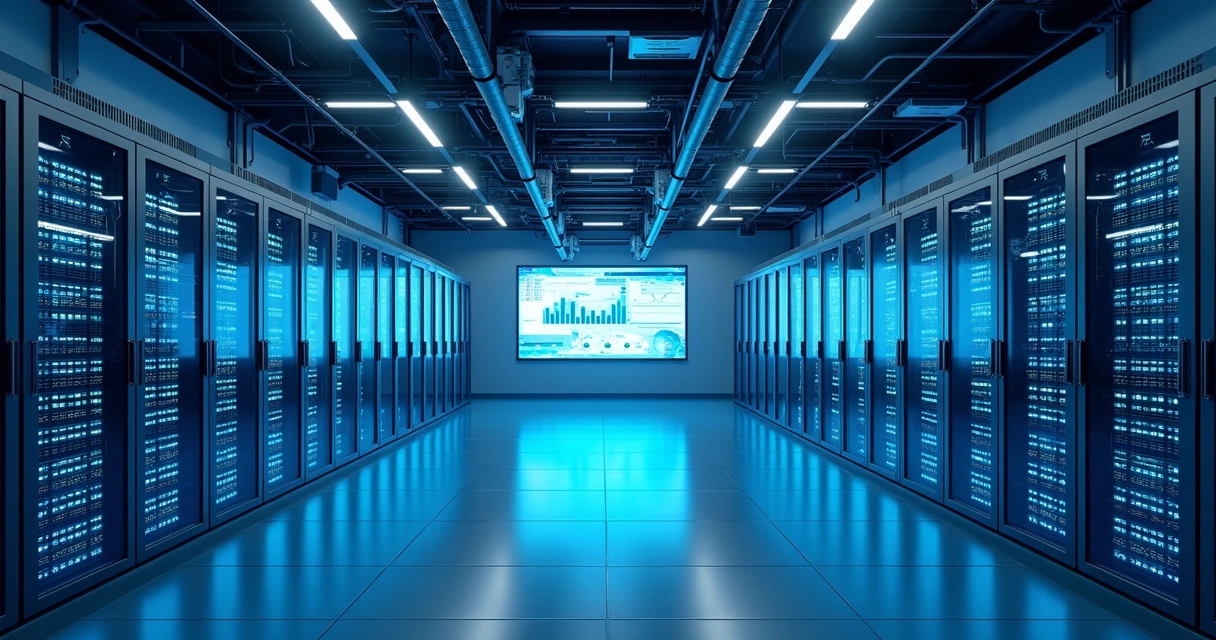 Sala de servidores de data center em nuvem com muitos racks iluminados 