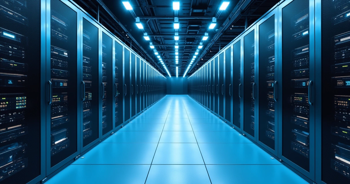 Interior iluminado de um data center, corredores repletos de servidores modernos