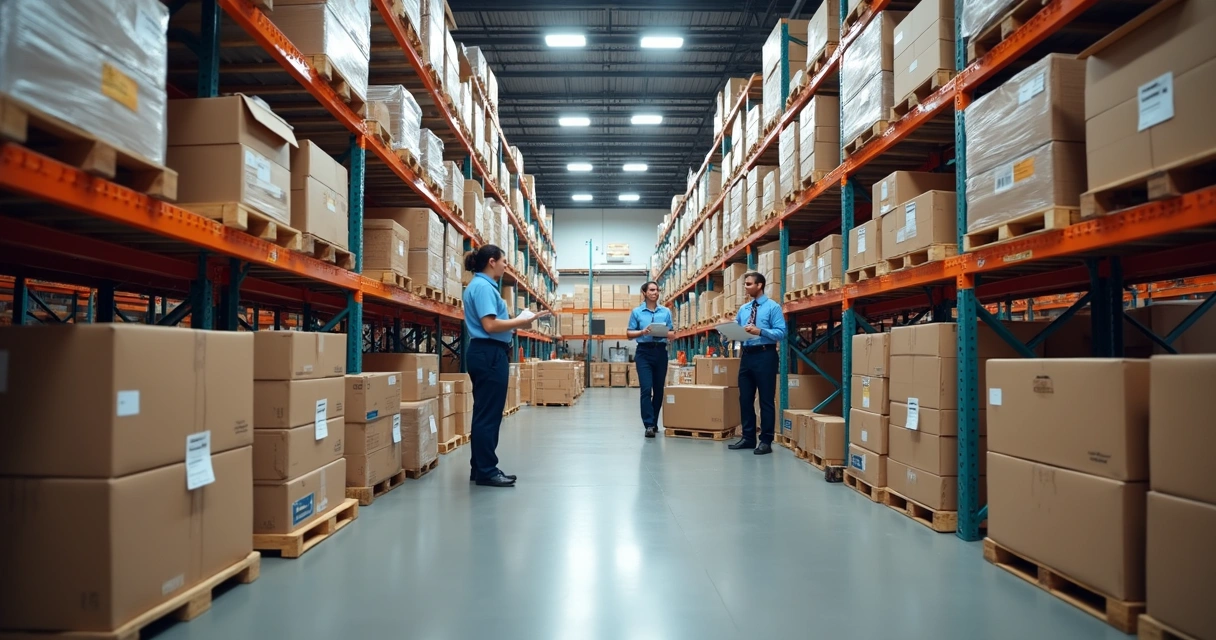 Centro de distribuição com prateleiras organizadas, caixas identificadas e funcionários trabalhando