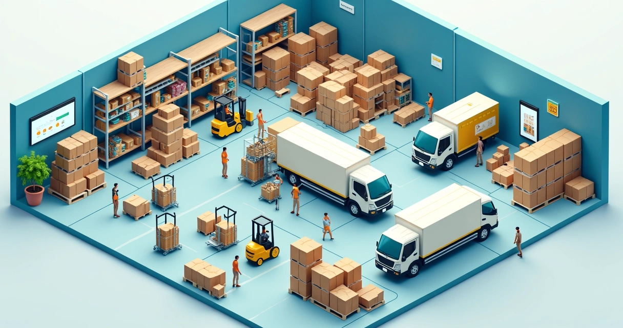 Centro de distribuição com estoque, pedidos e entregas
