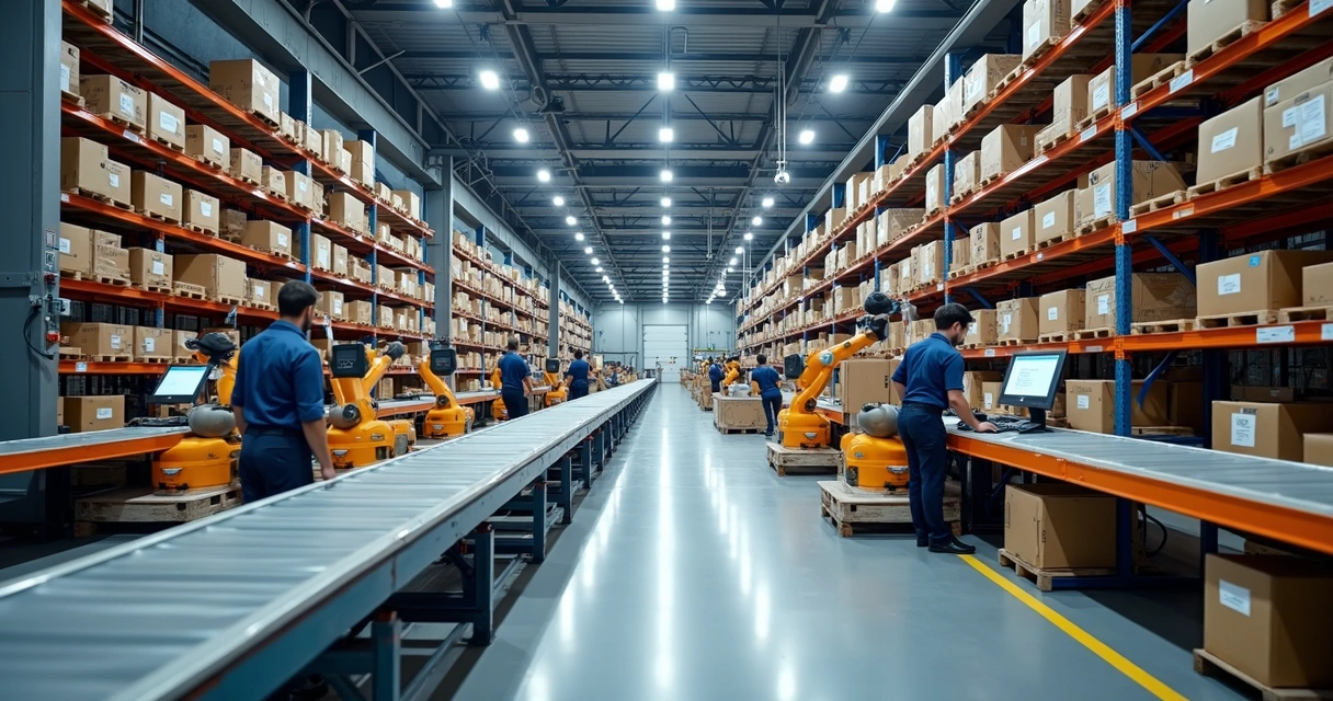 Centro de distribuição automático com robôs e esteiras transportadoras 