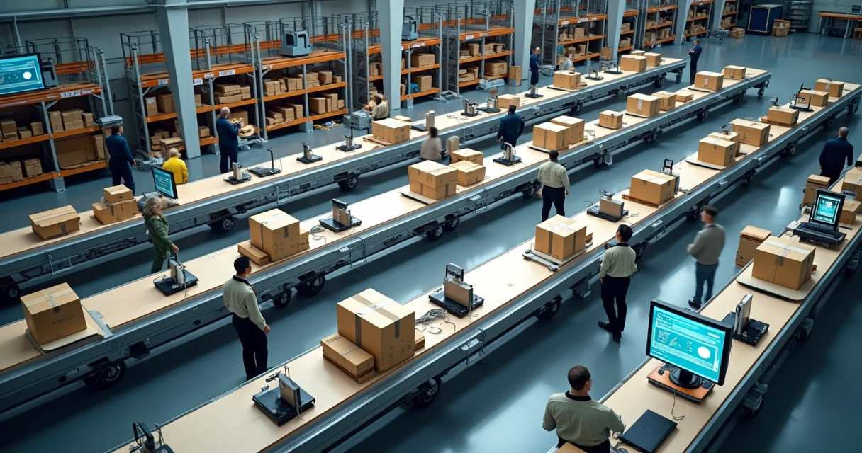 Centro de distribuição moderno com esteiras automáticas e computadores integrados 