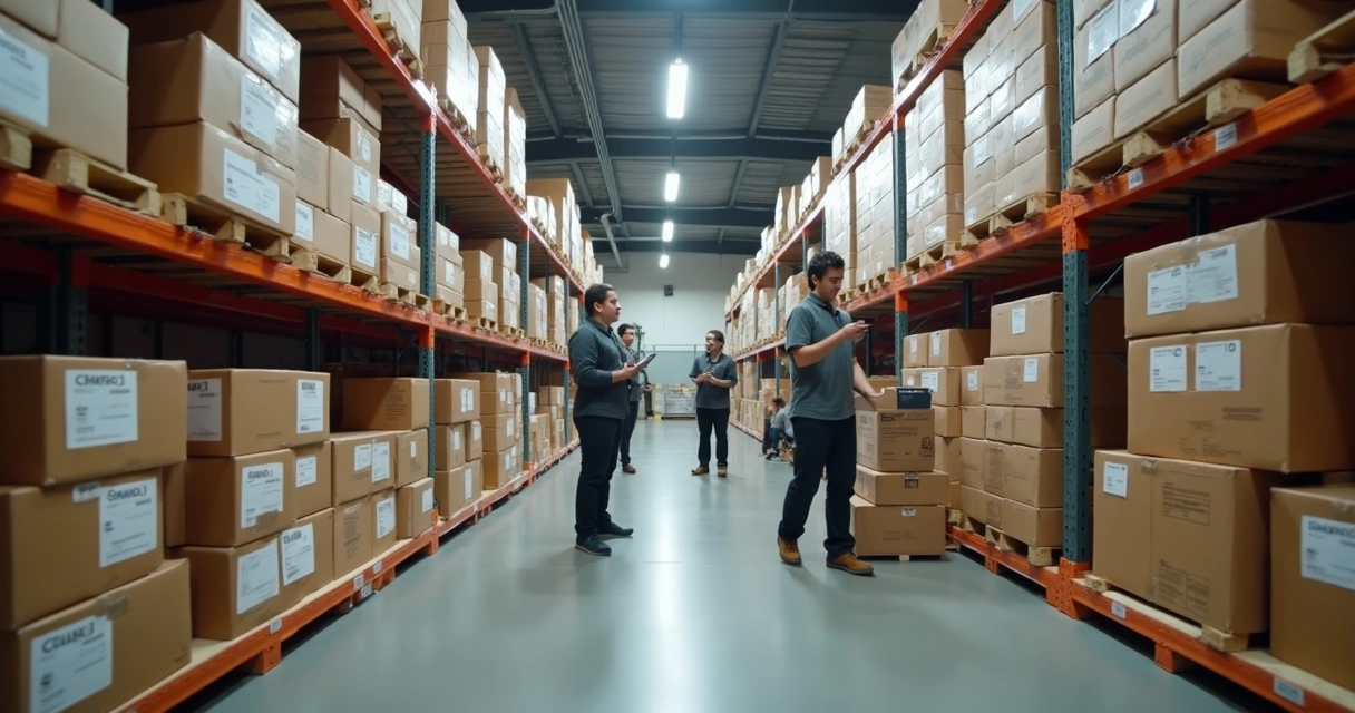 Centro de distribuição com caixas de coqueteleiras e funcionários organizando pedidos