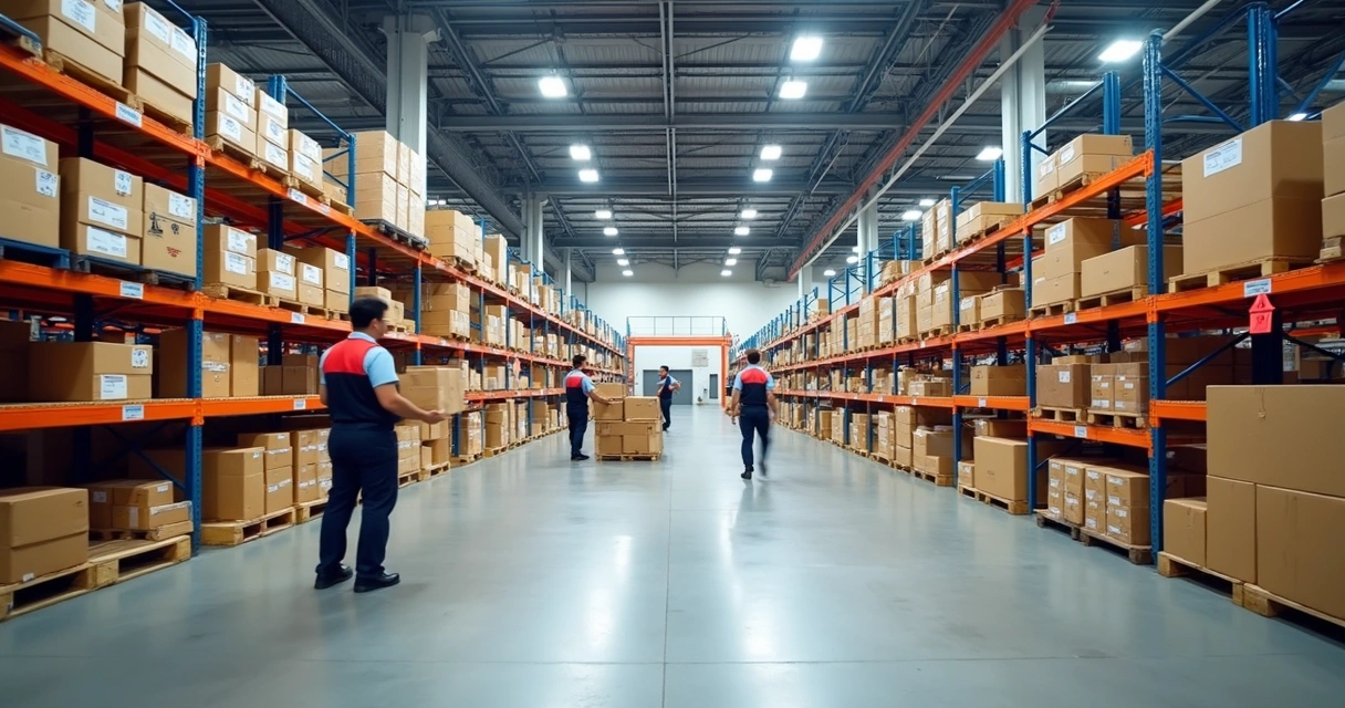 Centro de distribuição logístico em São Paulo, corredores com prateleiras de produtos, funcionários organizando caixas 