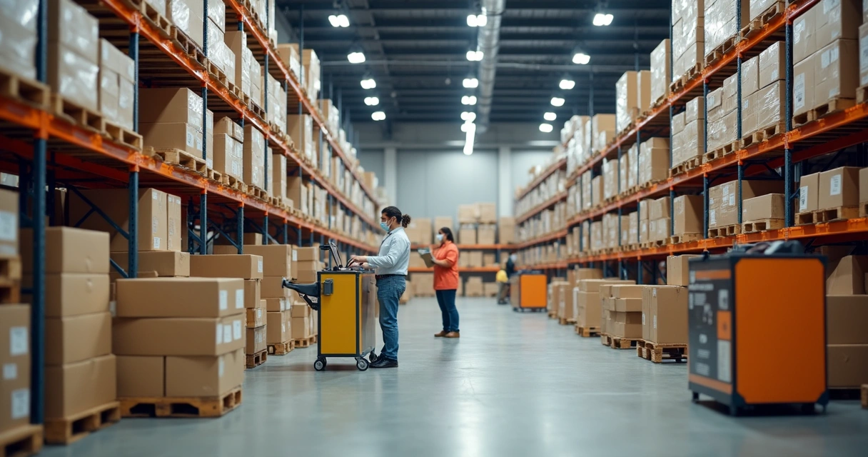 Centro de distribuição com prateleiras e operação de fulfillment 