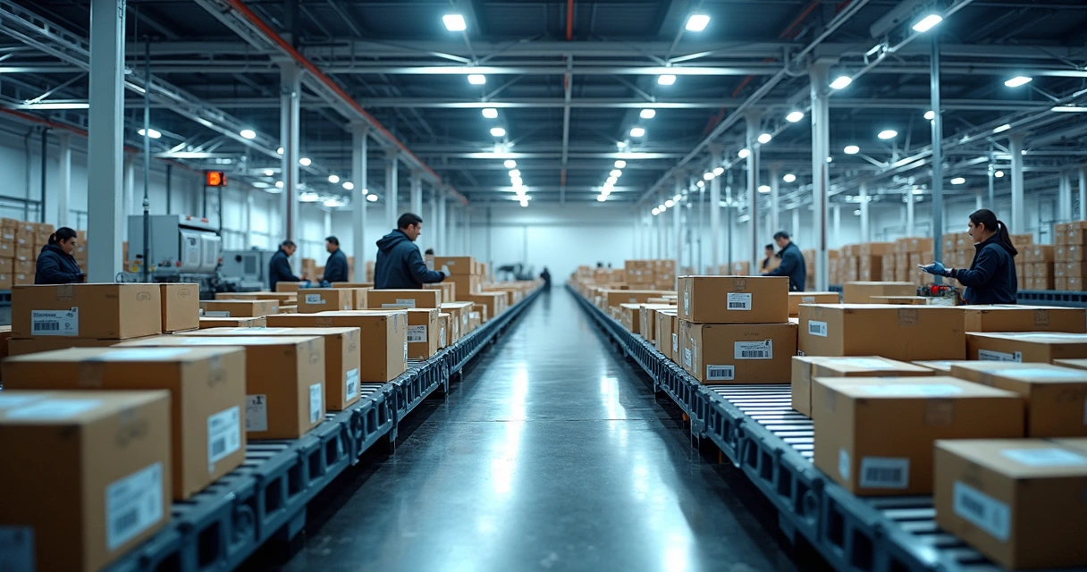 Centro de distribuição com boxes e funcionários supervisionando caixas 