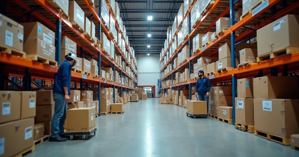 Centro de distribuição fulfillment com prateleiras, caixas e funcionários organizando produtos