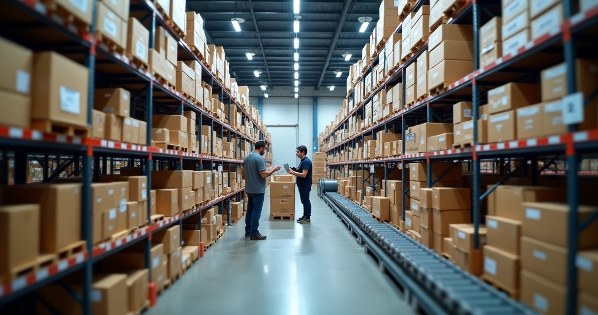 Visão do interior de um centro de distribuição de fulfillment enquanto colaboradores organizam produtos em prateleiras 