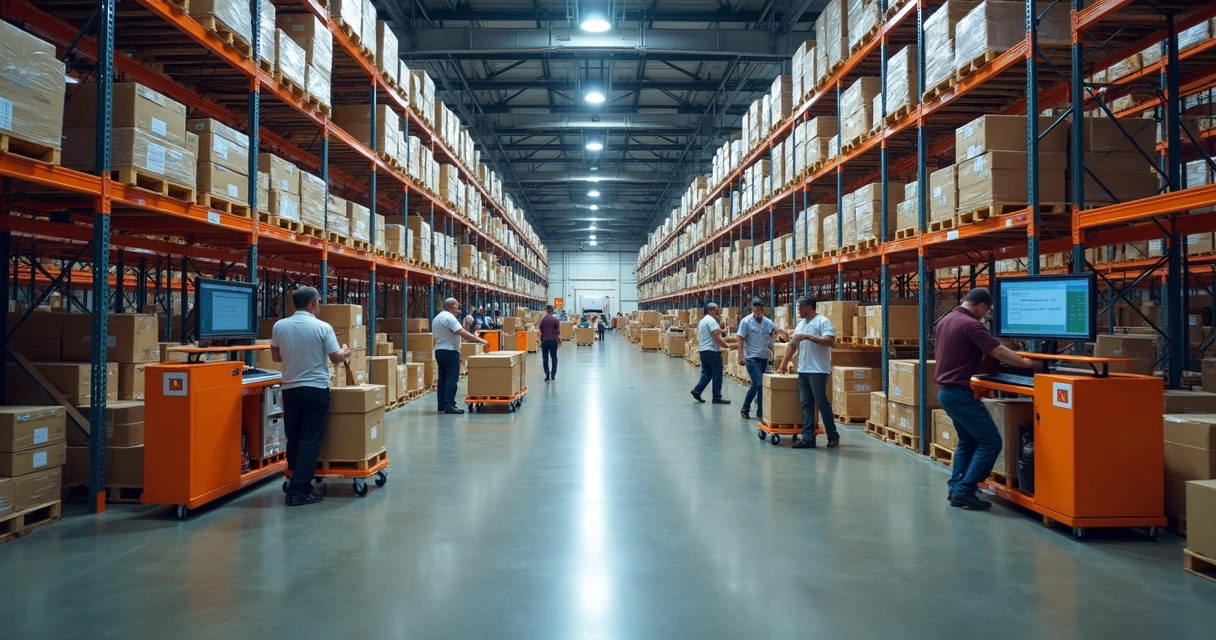 Centro de distribuição de fulfillment com estantes e movimentação de caixas