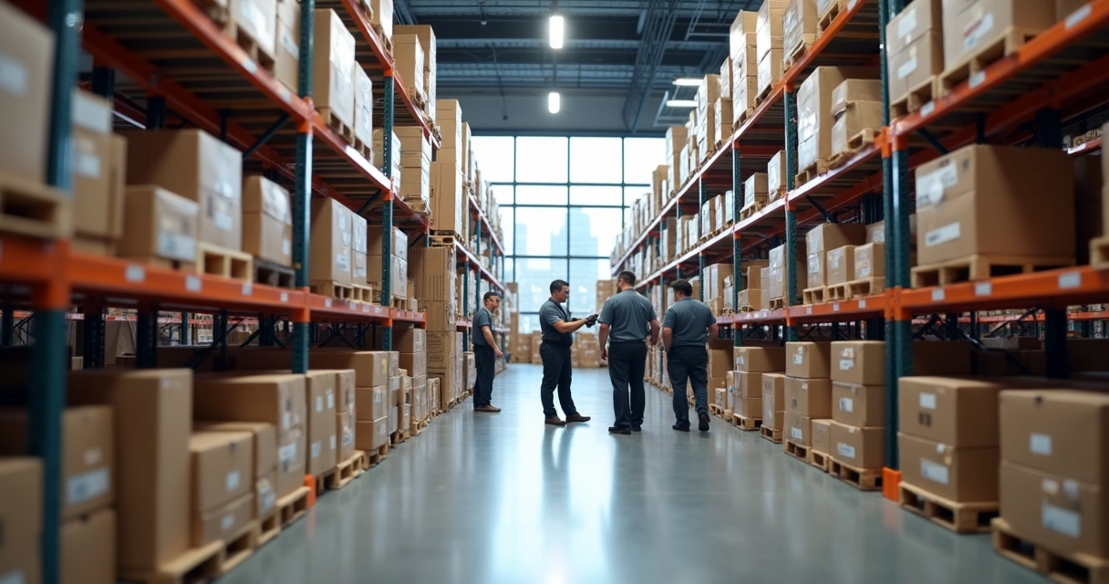 Centro de distribuição moderno de logística com grandes prateleiras de estoque 