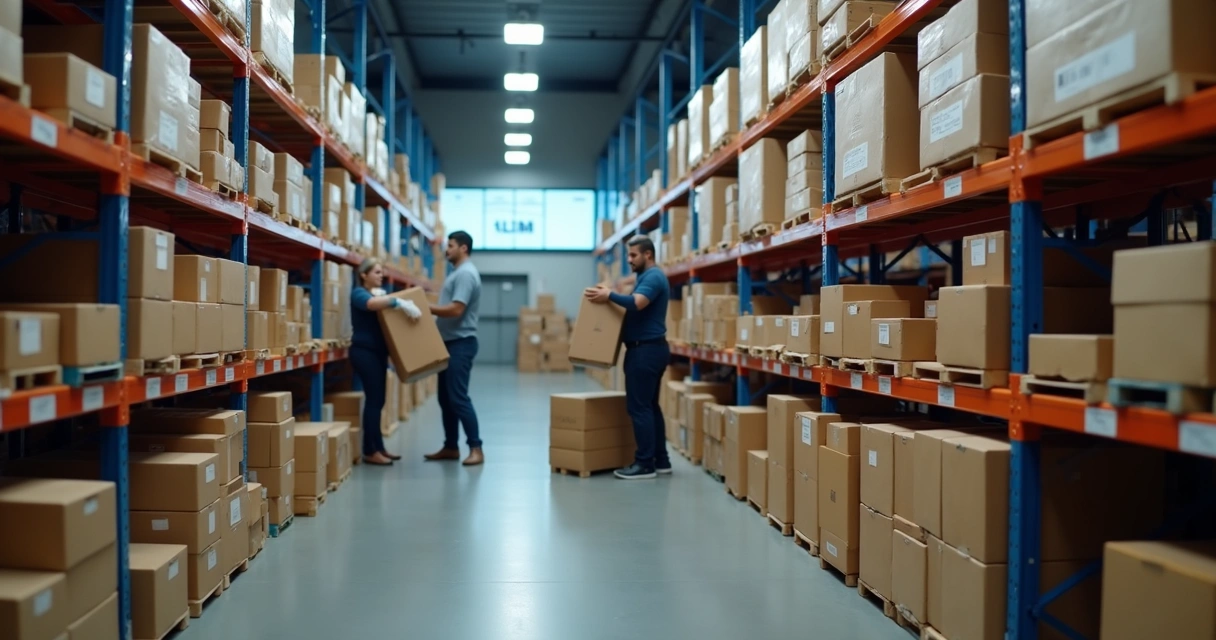 Equipe movimentando caixas em centro de distribuição 