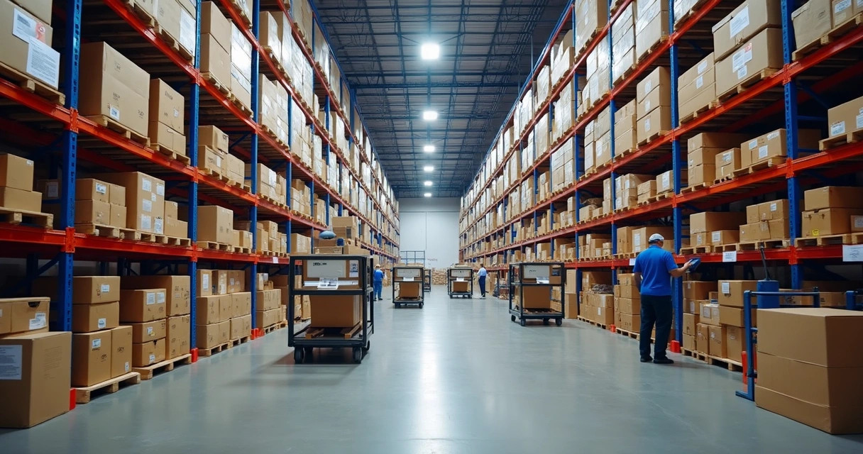 Estoque organizado e pedidos sendo separados em centro de distribuição