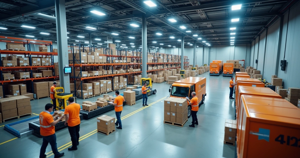 Linha de montagem logística com separação, embalagem e expedição de produtos 