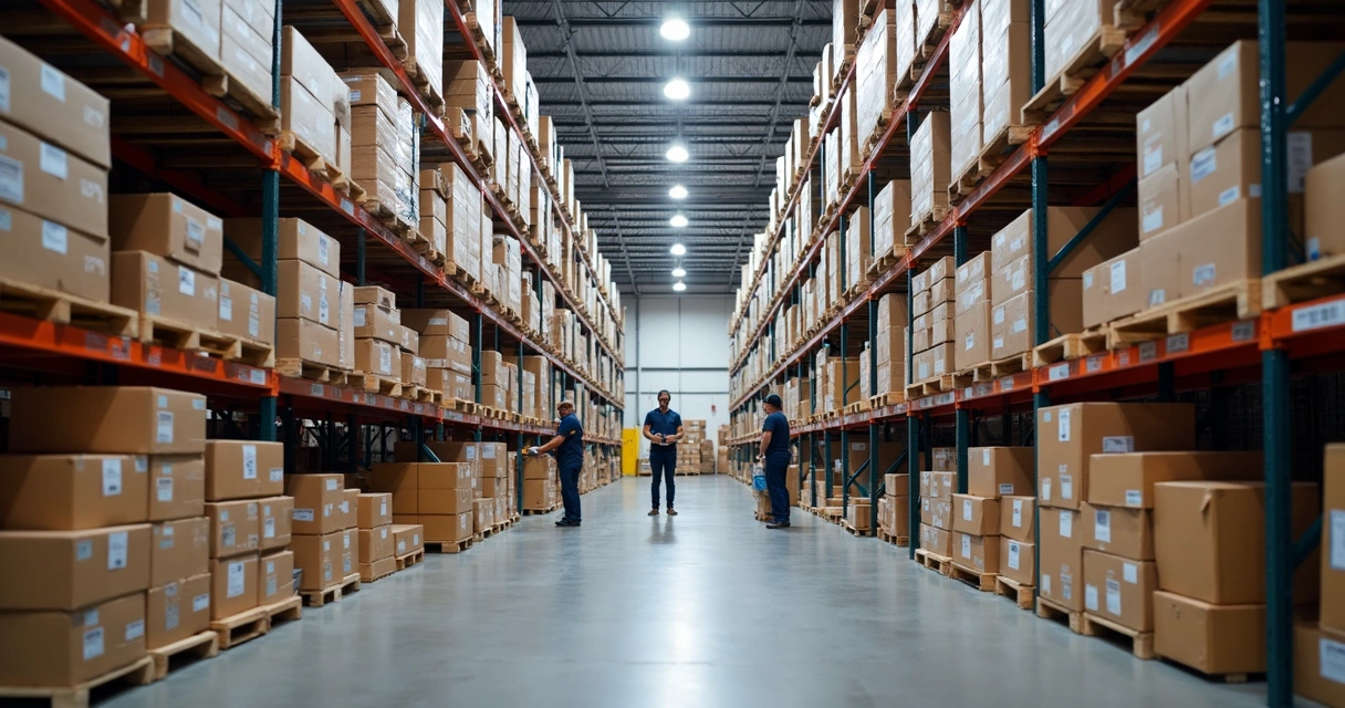 Centro de distribuição com prateleiras organizadas e caixas empilhadas 