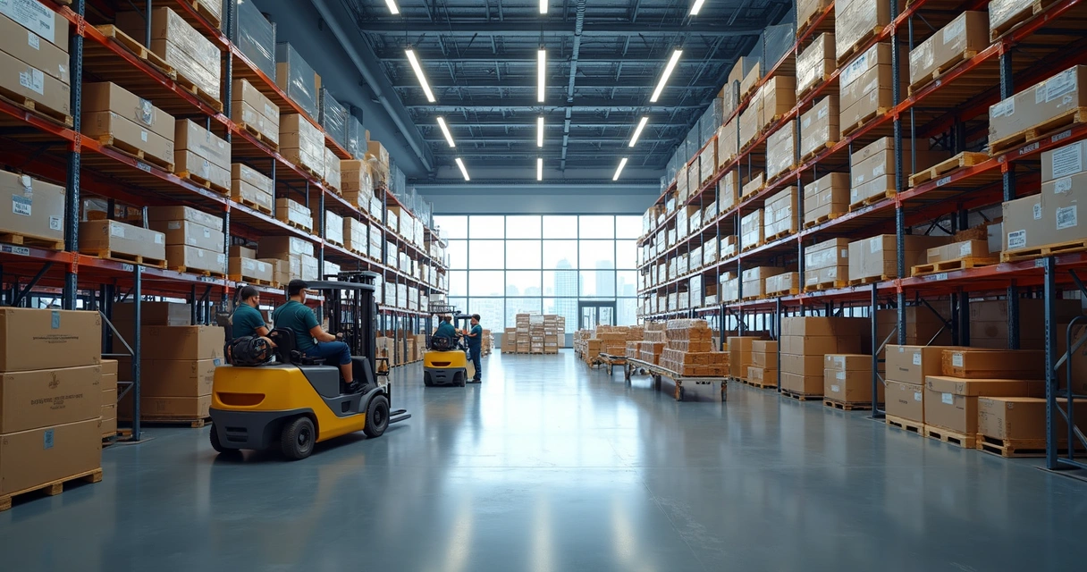Centro de distribuição moderno com prateleiras altas e caixas organizadas 