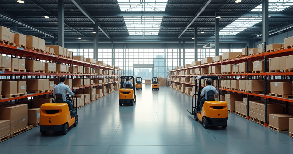 Centro de distribuição moderno com caixas e funcionários trabalhando 