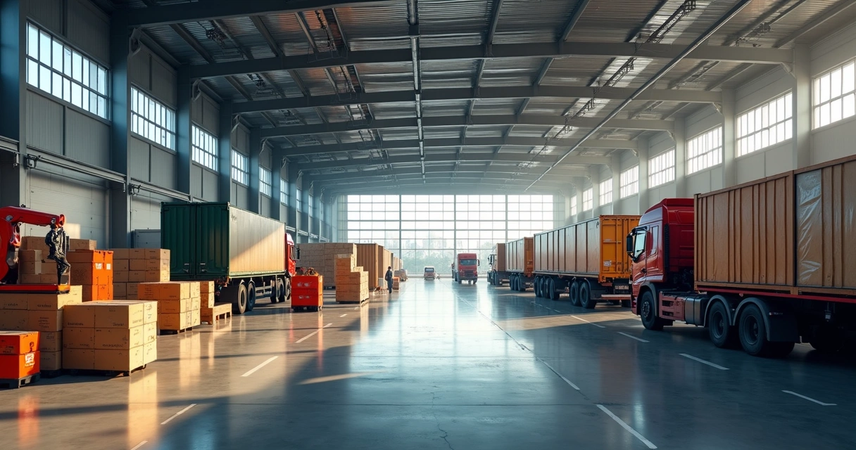 Centro de distribuição moderno em São Paulo com caminhões descarregando