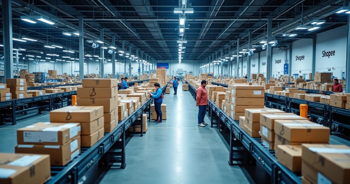 Interior moderno de centro de distribuição com esteiras automáticas 