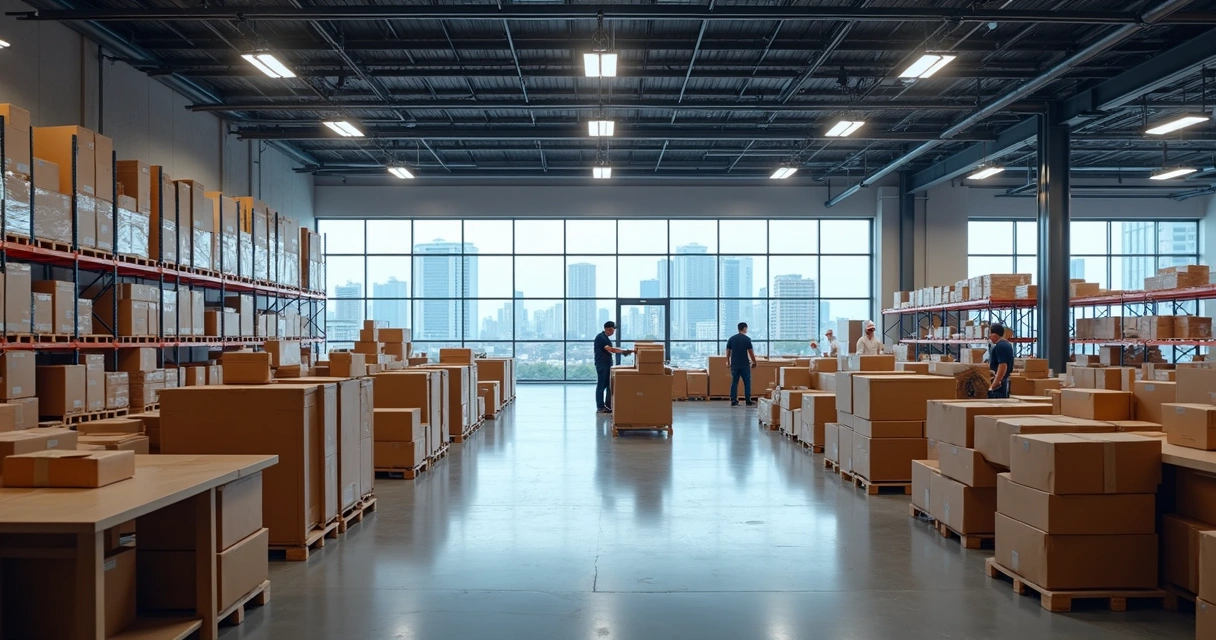 Centro de distribuição moderno com prateleiras altas e caixas organizadas 