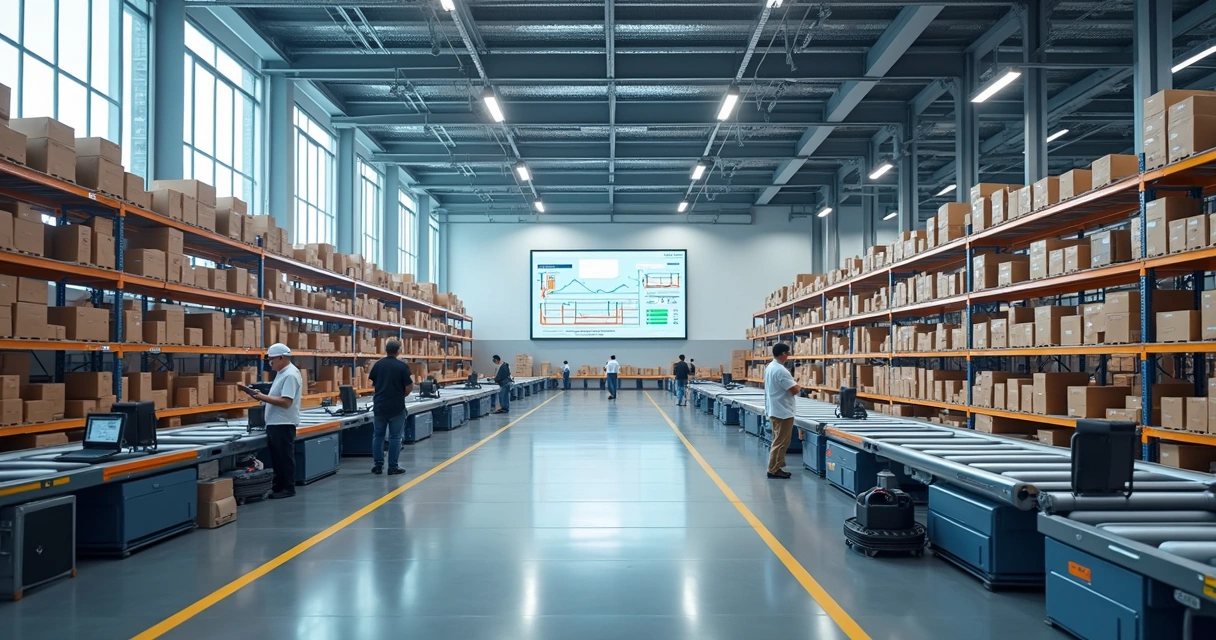 Centro de distribuição moderno com automação e painéis em tempo real 