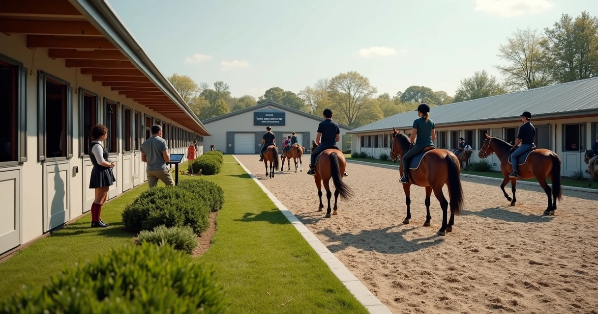 Centro equestre moderno com cavalos e pessoas em treinamento 