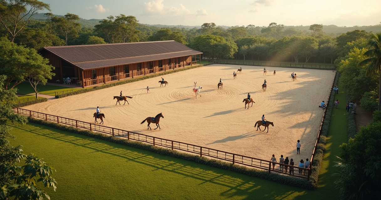 Centro hípico com pista, cavalos e alunos