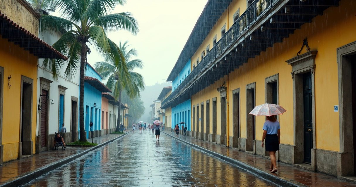 Rua histórica de Ilhéus com guarda-chuvas e fachadas coloniais