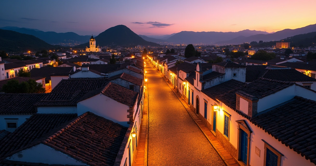 Centro histórico de Diamantina iluminado ao entardecer, igrejas coloniais e ruas de pedra. 