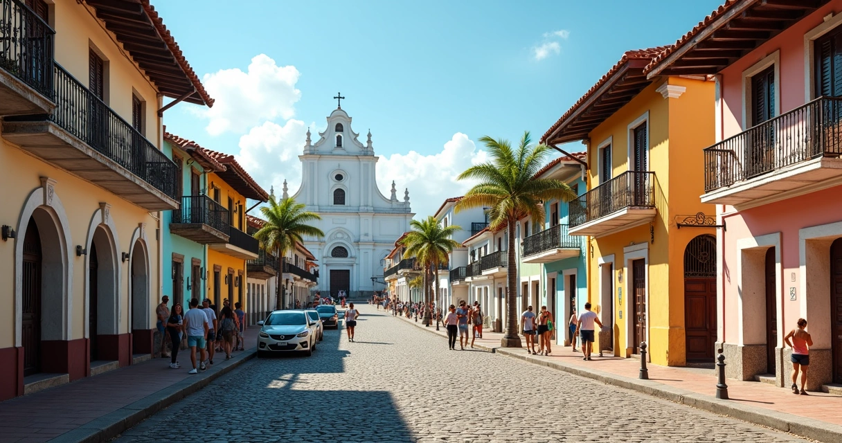 Centro histórico de Ilhéus com casario colonial, igreja ao fundo e pessoas caminhando 