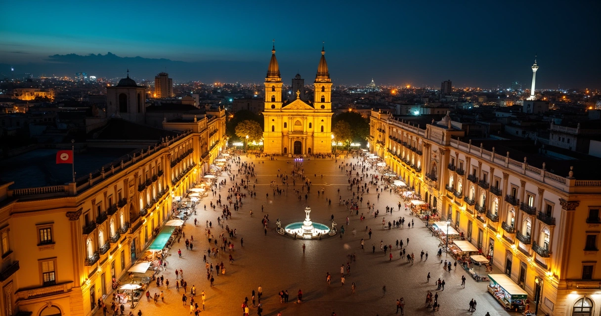 Centro histórico de Lima iluminado à noite, pessoas caminhando por praças coloniais