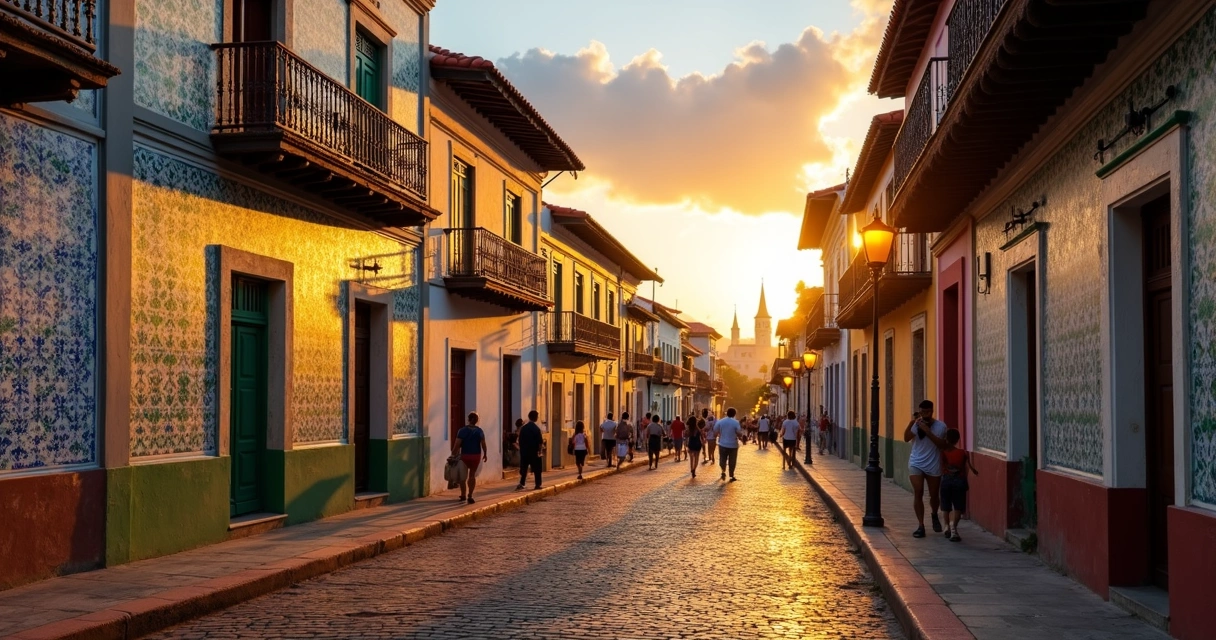 Vista do Centro Histórico de São Luís com casarões coloniais e azulejos coloridos ao pôr do sol 