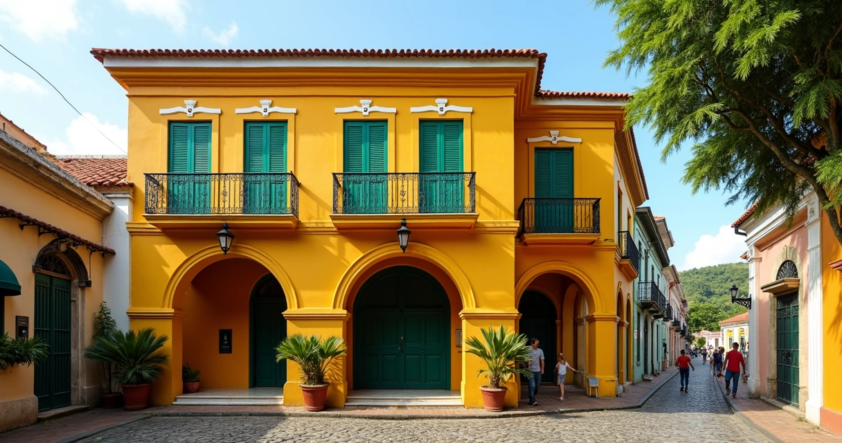 Casarão colonial colorido no centro de São Tomé 