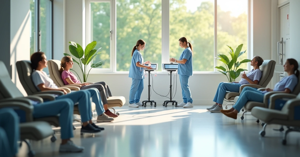 Sala de centro de infusão com poltronas confortáveis e equipe de enfermagem atento 