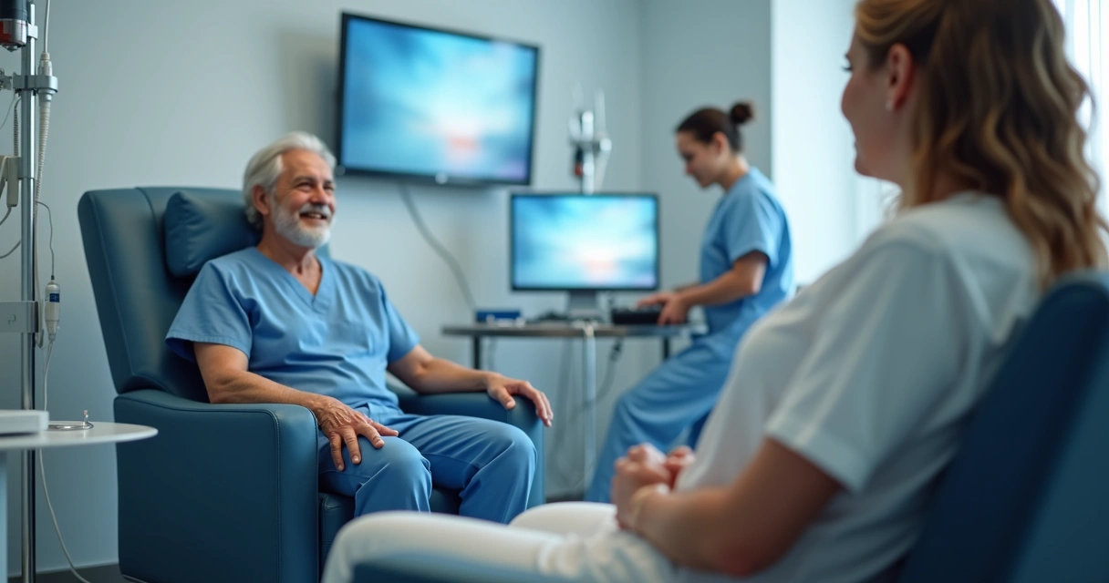 Paciente em centro de infusão recebendo medicamento intravenoso 