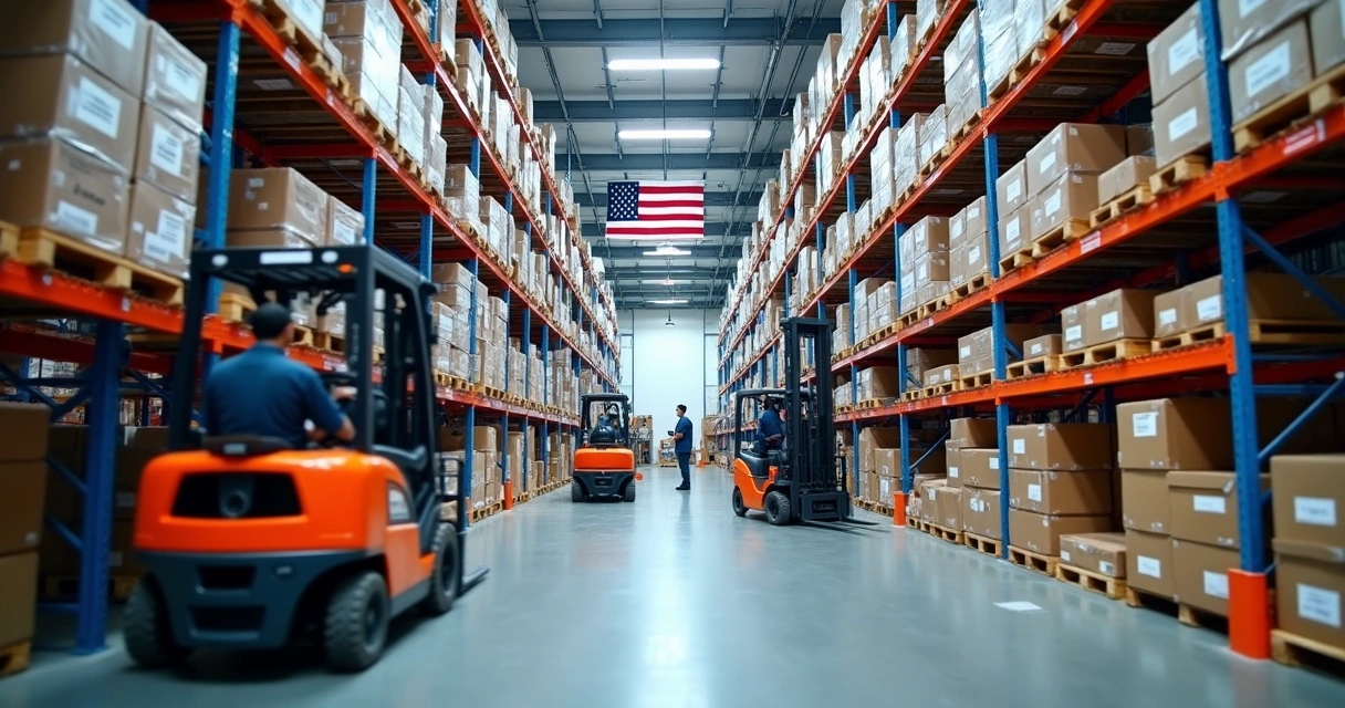 Warehouse nos EUA: Onde Ficam e Como Escolher o Melhor 1 Vista interna de um centro logístico moderno nos EUA com prateleiras de mercadorias e empilhadeiras