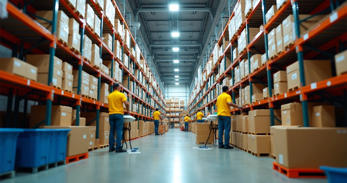 Funcionários em centro logístico do Mercado Livre organizando prateleiras de produtos 