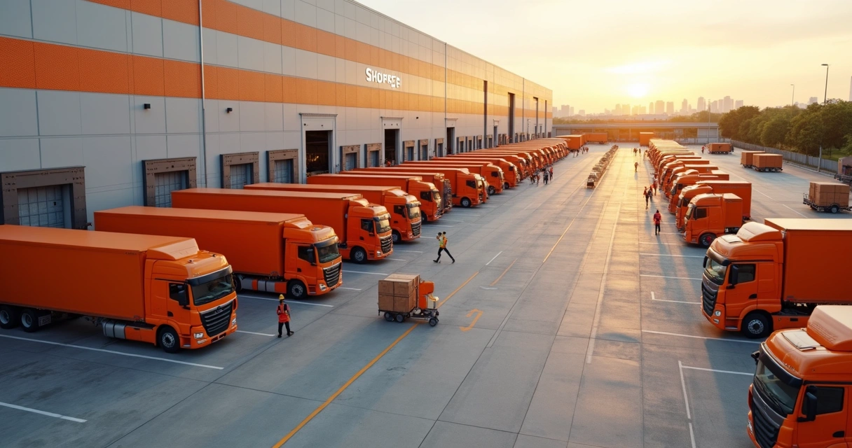 Pátio de centro logístico da Shopee com caminhões laranja estacionados 