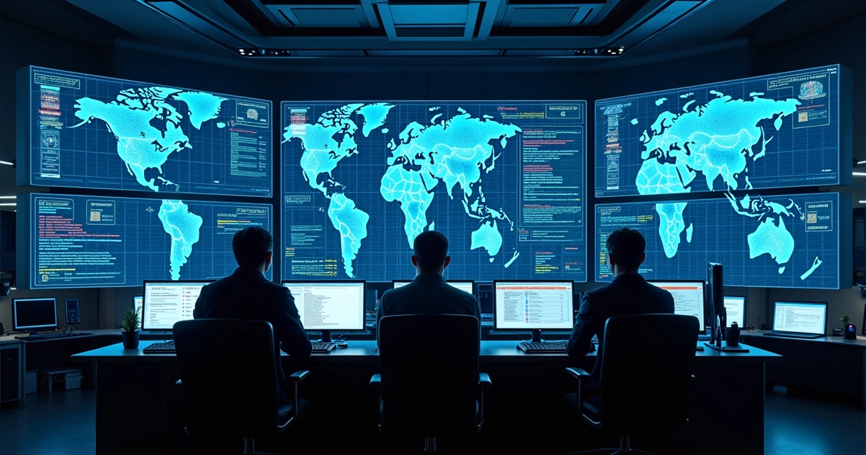 Centro de monitoramento cibernético com telas grandes e equipe atenta 