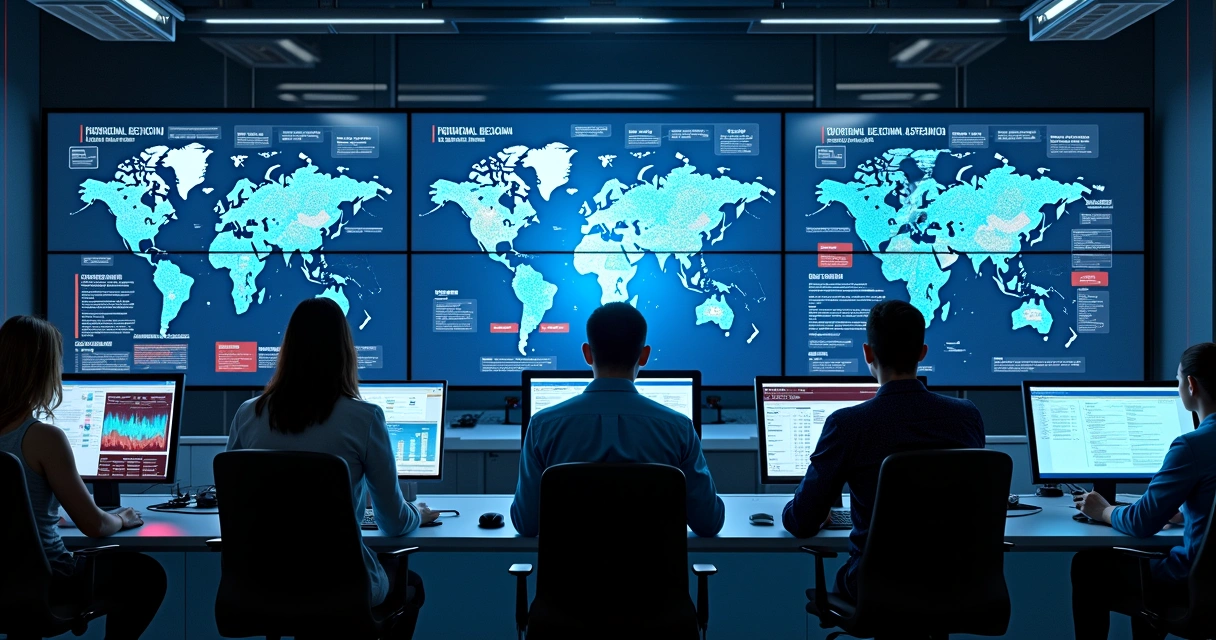 Sala moderna de centro de monitoramento de segurança digital com telas de alerta em tempo real 