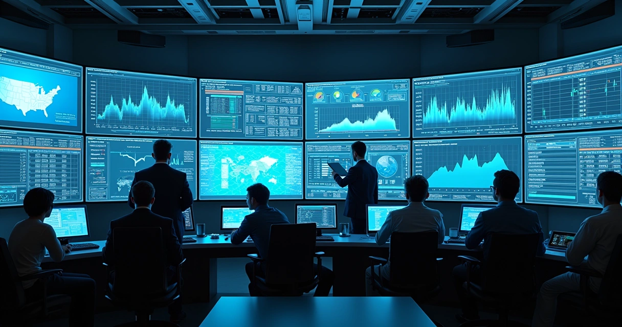 Centro de monitoramento de manutenção com telas exibindo gráficos em tempo real 