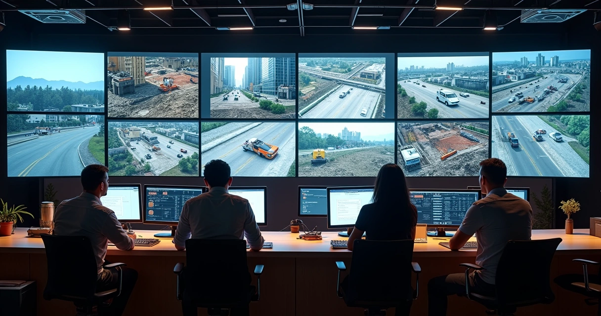 Sala de monitoramento com múltiplos monitores exibindo imagens de câmeras 