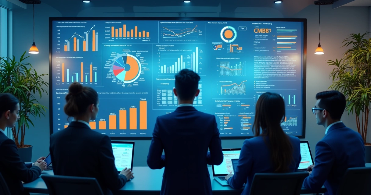 Equipe analisa telas de ERP com dashboards de vendas, estoque e fluxo de caixa lado a lado 