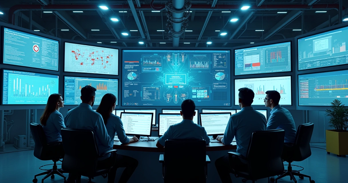 Centro de operações industrial com monitores mostrando análise de IA 