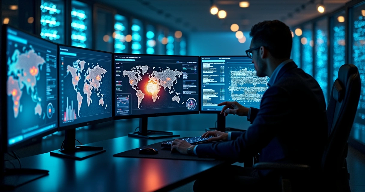 Centro de operações de segurança com visualização de IA destacando possível incidente 