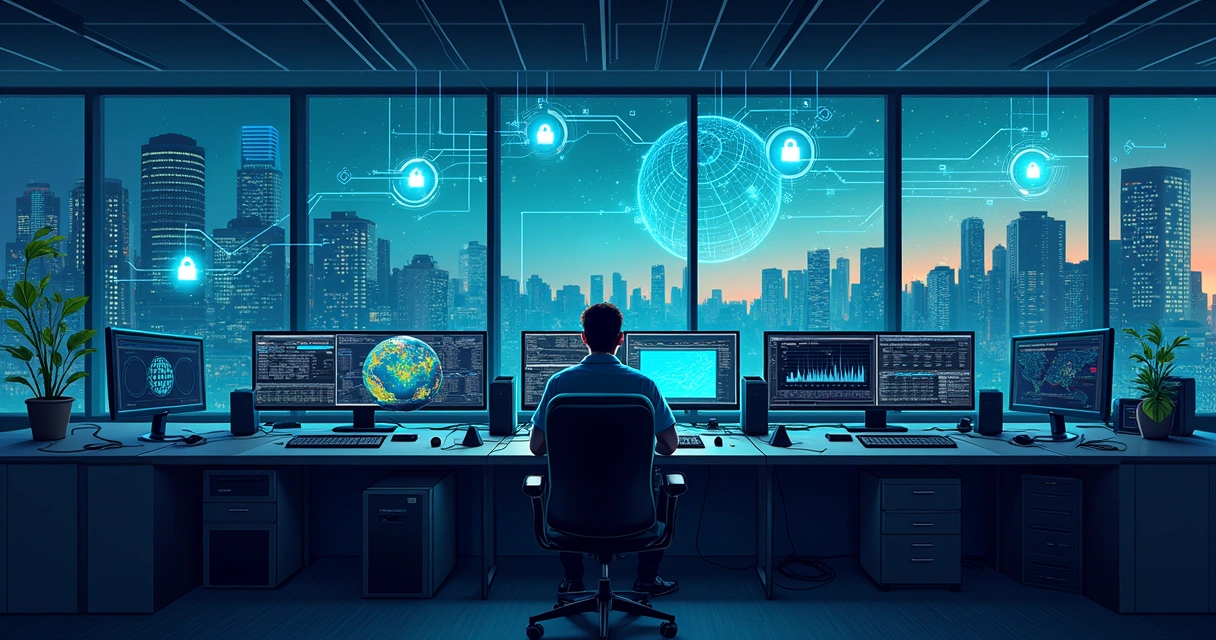 Centro de Operações de Rede com monitores exibindo métricas de desempenho em um ambiente de alta tecnologia.
