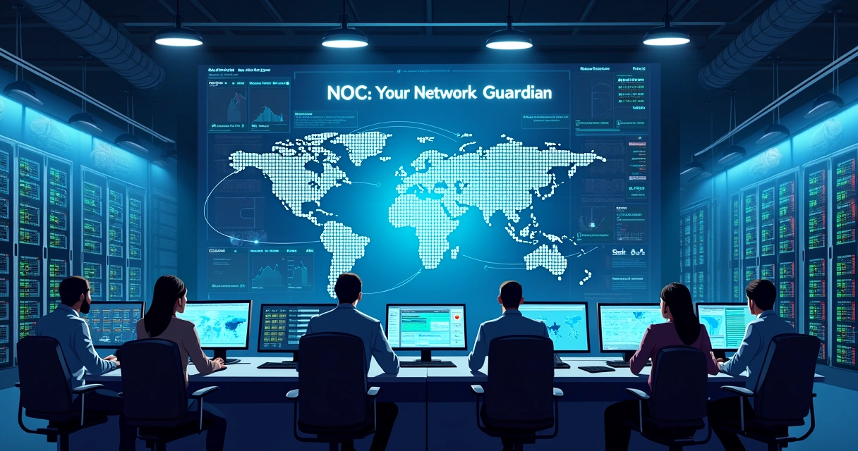 Centro de Operações de Rede (NOC) com profissionais monitorando telas de dados em um ambiente tecnológico.
