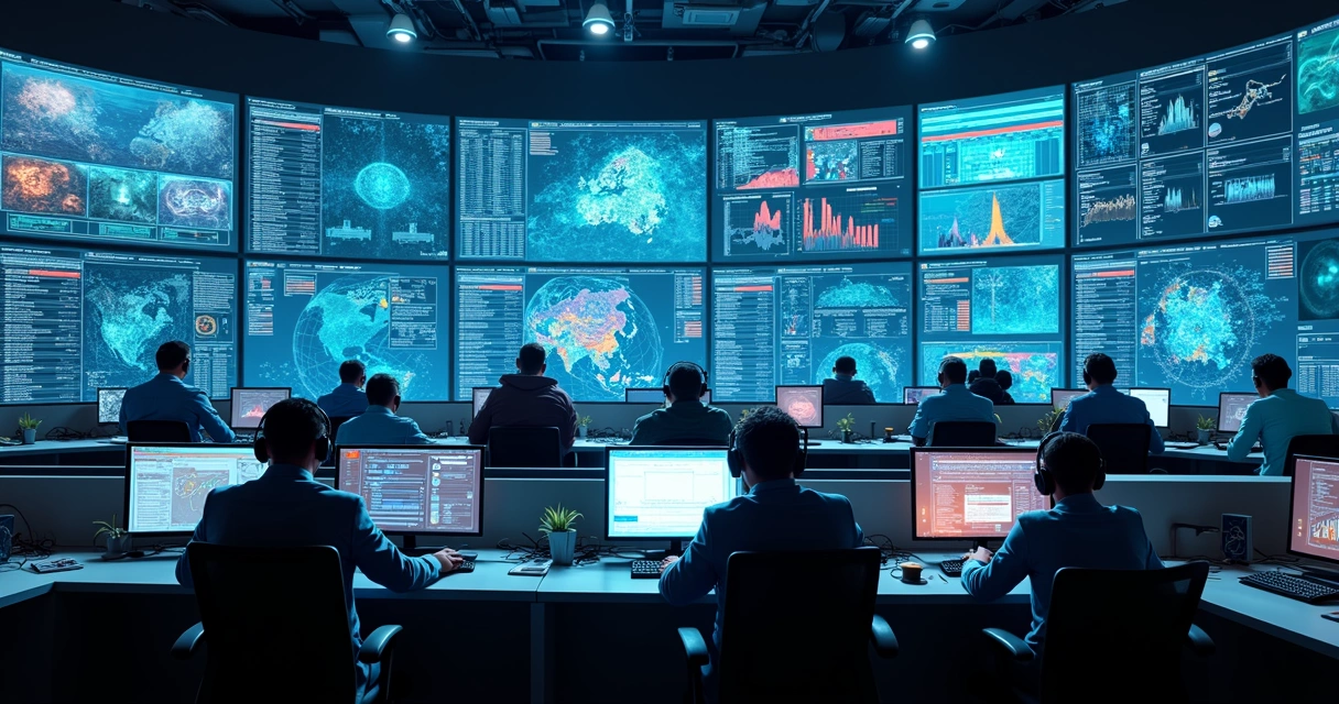 Equipe em centro de operações de TI observando monitores com alertas e gráficos 