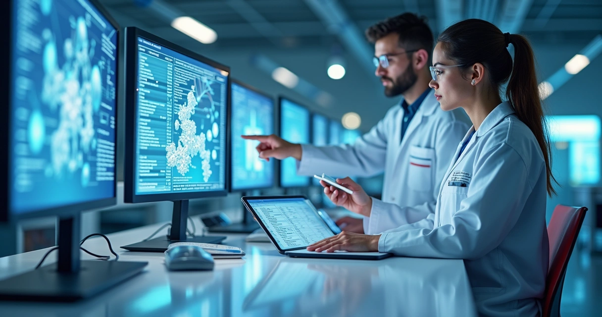 Cientistas organizando bases de dados em laboratório moderno 
