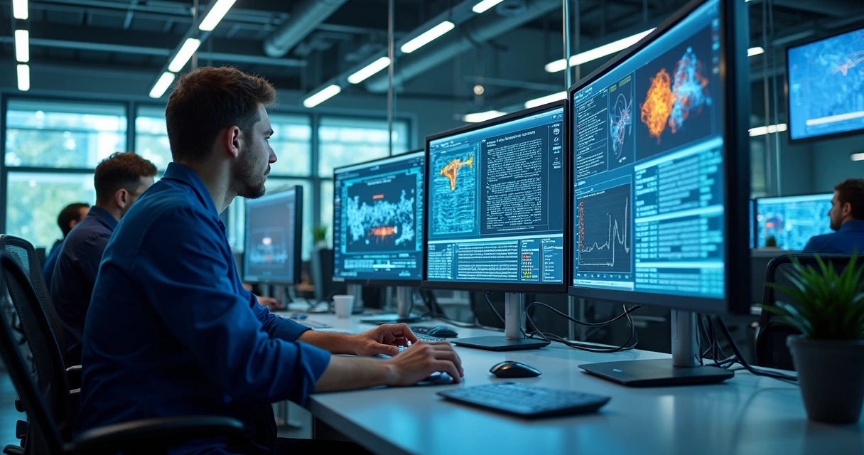 Laboratório de pesquisa em IA com computadores e telas exibindo redes neurais 